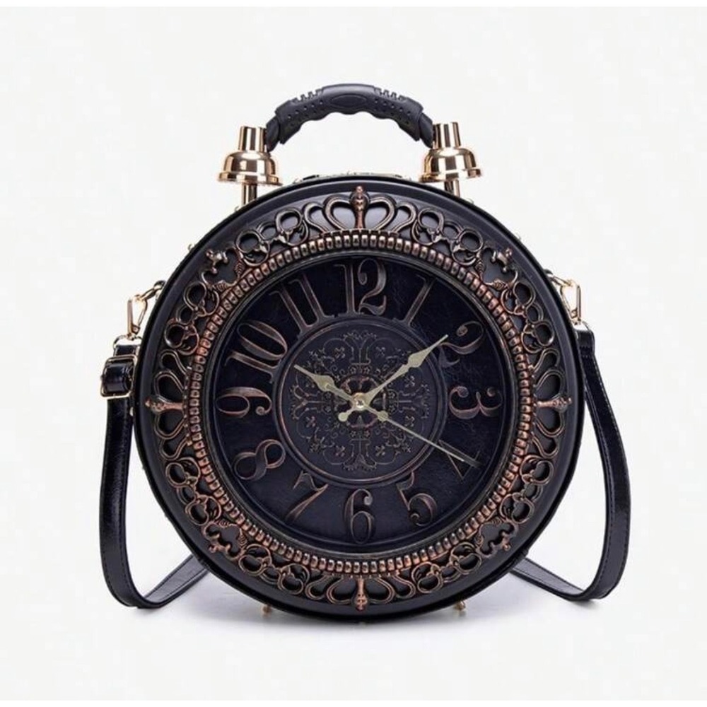 Steampunk Alarm Clock Crossbody Bag Black Vegan Leather Novelty‎ Backpack Purse